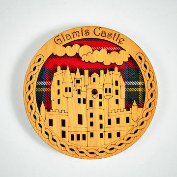 Glamis Castle Round wooden coaster (assorted tartan background)